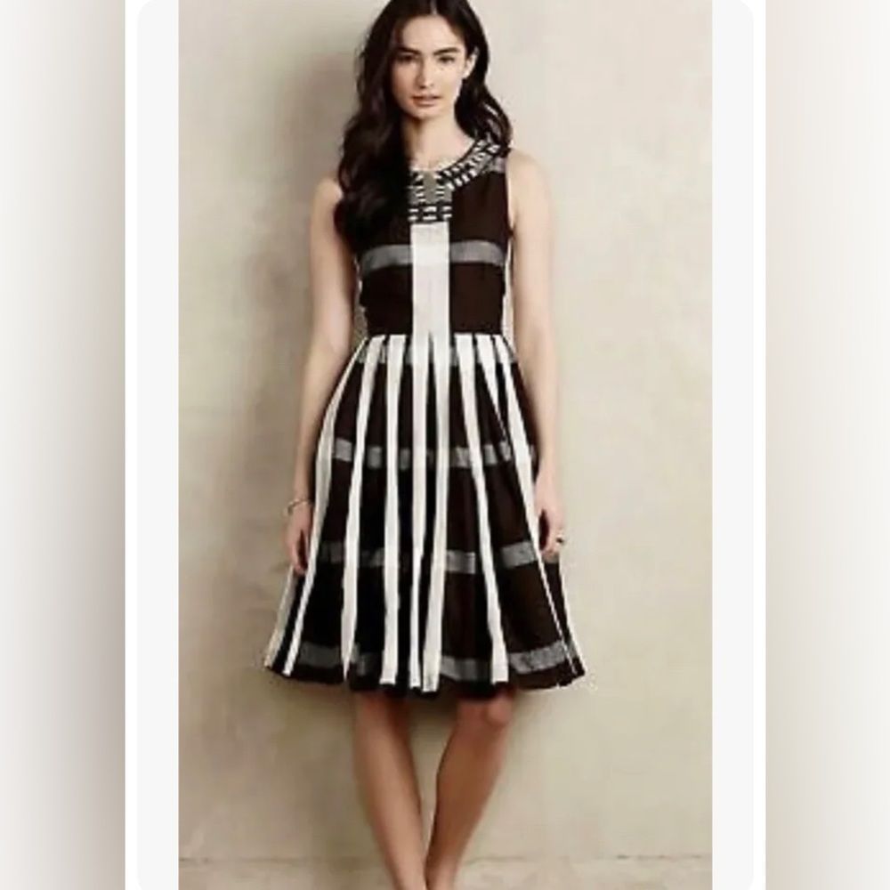 Maeve by Anthropologie Pleated Fit and Flare Beaded Sleeveless Dress -Size: 8